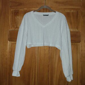 SHEIN White Cropped Ribbed V-Neck Sweater